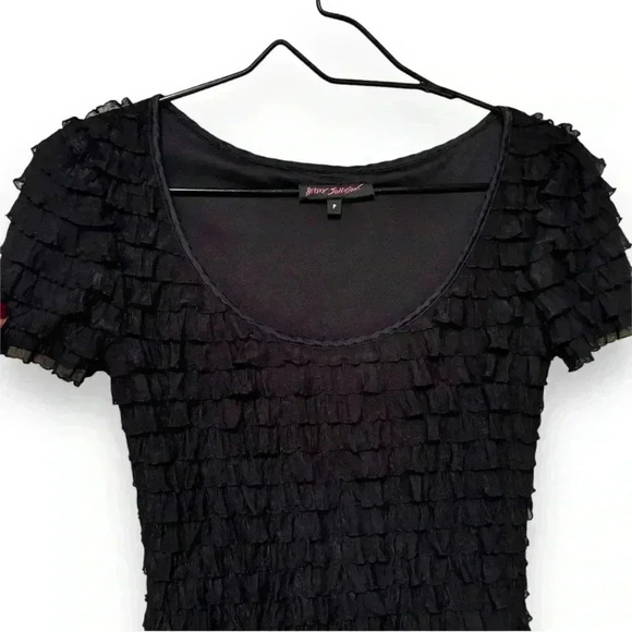 Betsy Johnson P Black Short Sleeve Ruffled Scoop Neck Bodycon Girly Minidress - Picture 4 of 16